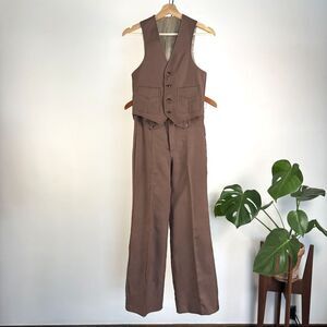 Vintage 70s Brown Vest & Flare Trouser Suit Set | Boys or Women's XXS